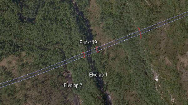 Figur 19.4: Elveløp 1 strømmer ned til punkt 19 mens elveløp 2 strømmer ved siden av elveløp 1. 19.4 Erosjonssikring ved bru Fra erosjonsmessige forhold anbefales å styre elven til et kontrollert krysningspunkt.