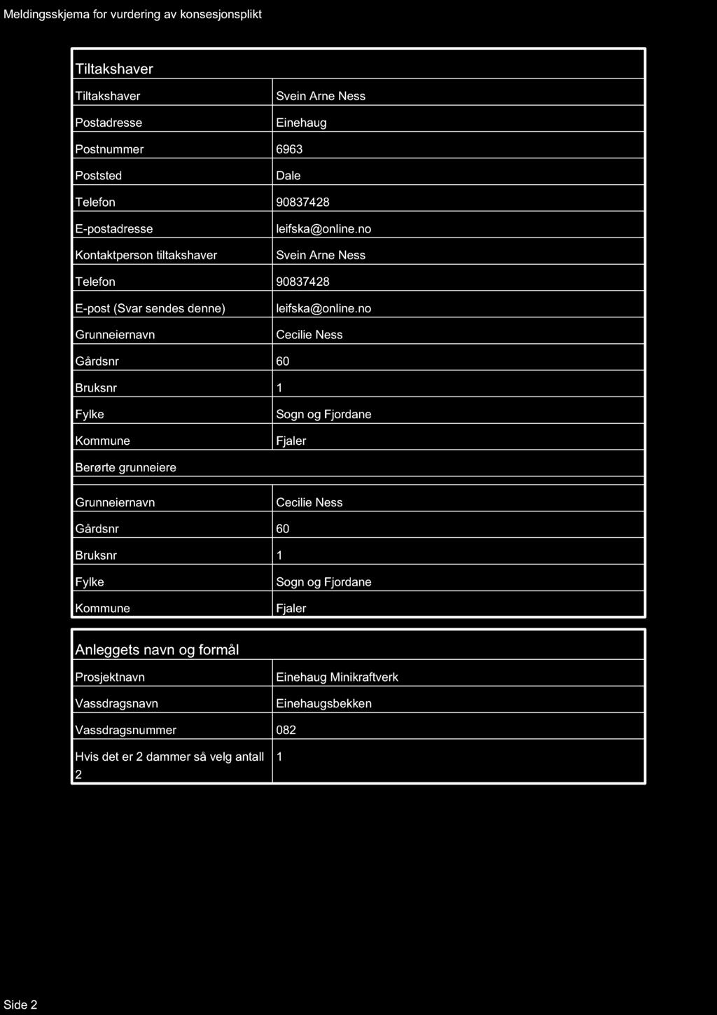 Meldingsskjema for vurdering av konsesjonsplikt Tiltakshaver Tiltakshaver Postadresse Svein Arne Ness Einehaug Postnummer 6963 Poststed Dale Telefon 90837428 E-postadresse Kontaktperson tiltakshaver