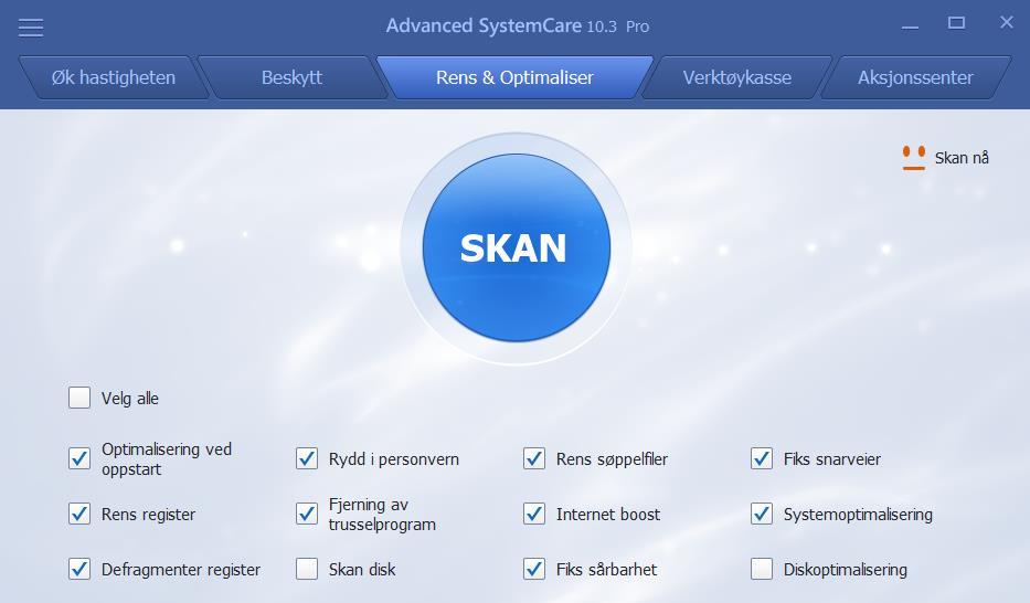 Advanced System Care (ASC). Beskrivelsen som følger gjelder de funksjonene som finnes under fliken Rens & Optimaliser.