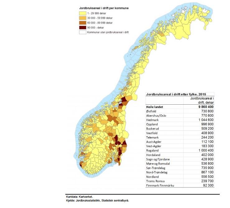 Figur 1.3 Jordbruksareal i drift i Norge.