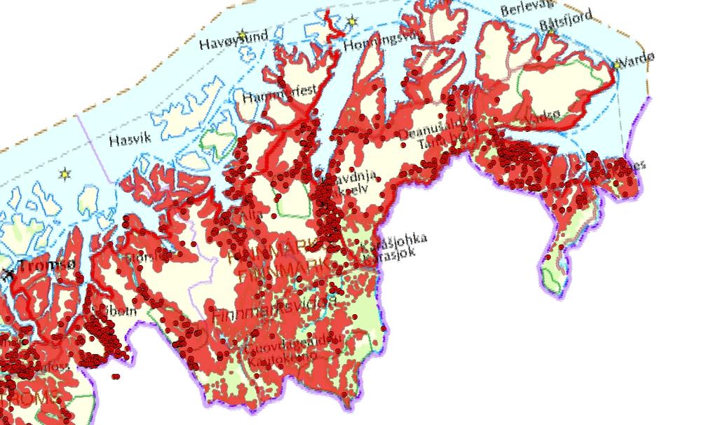 NINA Kortrapport 28 Figur 8. «Risiko»-kart for gaupepredasjon på rein i Troms og Finnmark der rød sone indikerer en høyere risiko.