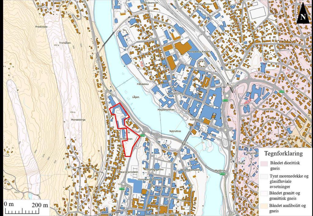 Nye Vestsiden Ungdomsskole 16680_GEO-N-001 Figur 4. Bergrunnskart [7]. Planområdet er markert med rødt. 3.