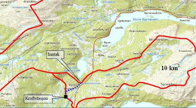 Bjørnevatn kraftverk (vedlegg 3 og 4) Inntaket er planlagd på kote 764 m.o.h. Tillaupsrøyret skal gravast ned og vil få ei lengde på 11 00 m.