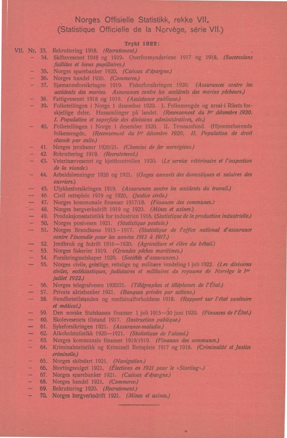 Norges Offisielle Statistikk, rekke VII. (Statistique Officielle de la Norvège, série VIL) Trykt : VII. Nr. 33. Rekruttering 1918. (Recrutement.) 34. Skiftevesenet 1918 og 1919.