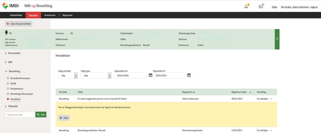 Dette kan vere både notat skrive direkte på personen sine hendingar av IMDI, eller på kommunen sine hendingar, og