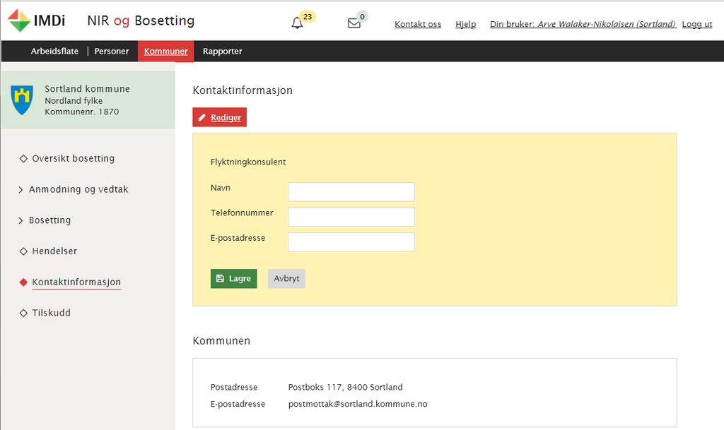 For å legge inn kontaktinformasjon til flyktningkontor/flyktningkonsulenten klikkar du på Rediger og legg