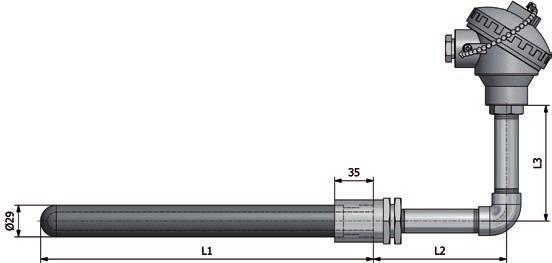 BESTILLINGSKODE T270 Termoelement med Permamelt/Syalon lomme for flytende aluminium, vinklet Kalibrering - type K N S NiCr-Ni NiCrSi-NiSi Pt10%Rh-Pt Føler lengde