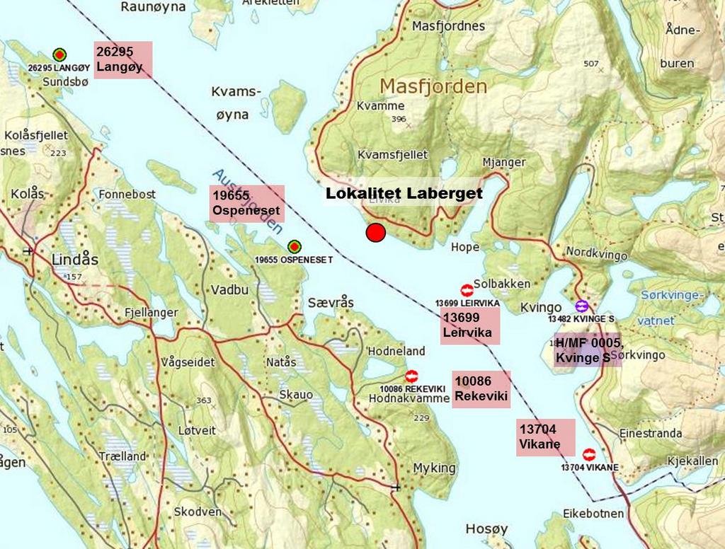 Akvakultur og smitteomsyn Det ligg fleire godkjente oppdrettslokalitetar innafor ein avstand på 10 km frå omsøkt lokalitet Laberget, jf. figur 10.