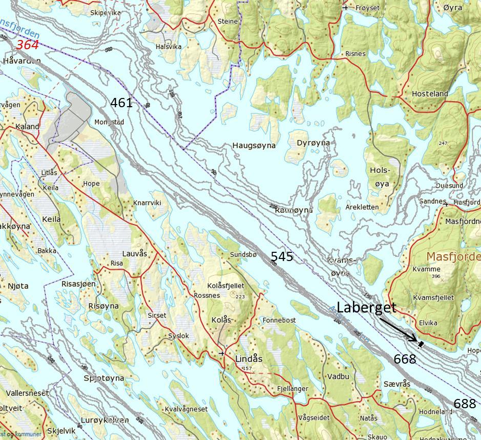 OMRÅDEBESKRIVING LABERGET Den omsøkte lokaliteten ligg i akvakulturområdet AK6 i Masfjorden kommune sin kommuneplan 2012 2024.