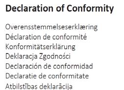 62311:2008 +A1:2011 Pressure Equipment Directive 97/23/EC Table 1. applies Radio & Telecommunication Terminal Equipment Directive (R&TTE) 1999/5/EC EN 300 220-2 v.2.4.1:2012 EN 301 489-1 v.1.9.2:2011 EN 301 489-3 v.