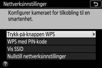 WPS (kun Android) 1 Aktiver kameraets innebygde Wi-Fi. Marker Wi-Fi i oppsettsmenyen og trykk på 2. Marker Nettverkstilkobling og trykk på 2, marker så Aktiver og trykk på J.