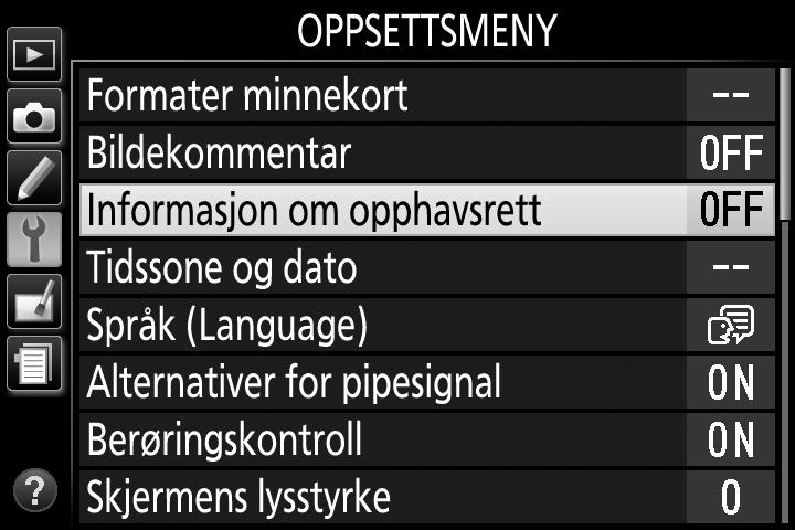 Kameramenyer Du finner de fleste alternativene for opptak, avspilling og oppsett i kameramenyene. Trykk på G-knappen for å vise menyene.