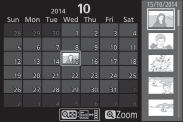 Kalenderavspilling For å vise bilder som er tatt på en valgt dato (kalenderavspilling), trykker du på W (Q)-knappen når 80 bilder vises.