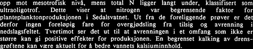 opp mot mesotrofisk niva, mens total N ligger langt under, klassifisert som ultraoligotrof. Dette viser at nitrogen var begrensende faktor for planteplanktonproduksjonen i Sedalsvatnet.