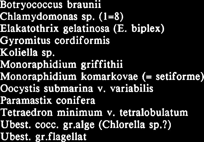 Volum mms/ms Dato 870908 Chlorophyceae (Grønnalger) Botryococcus braunii Chlamydomonas sp. (1=8) Elakatothrix gelatinosa (E. biplex) Gyromitus cordiformis Koliella sp.