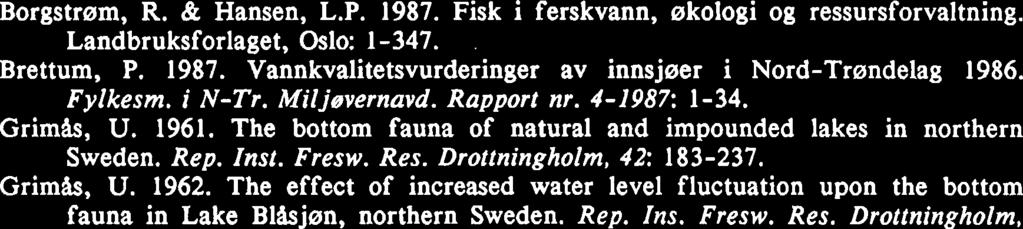 REFERANSER Aass, P. 1969. Crustacea, especially Lepidurus arcticus Pallas, as brown trout food in Norwegian mountain reservoirs. Rep. Inst. Fresw. Res. Drottningholm, 49: 183-201. Aass, P. 1984.