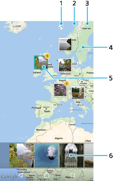 1 Trykk for å vise geotaggede bilder i globusvisning 2 Søk etter et sted på kartet 3 Trykk for å vise menyalternativer 4 Dobbelttrykk eller knip for å zoome inn, eller dra for å flytte på kartet 5 En