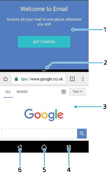 1 App 1 i øvre vindu 2 Ramme for delt skjerm dra for å endre størrelse på vinduene 3 App 2 i nedre vindu 4 Tast for delt skjerm velg en nylig brukt app 5 Hjemtast gå tilbake til startskjermen 6
