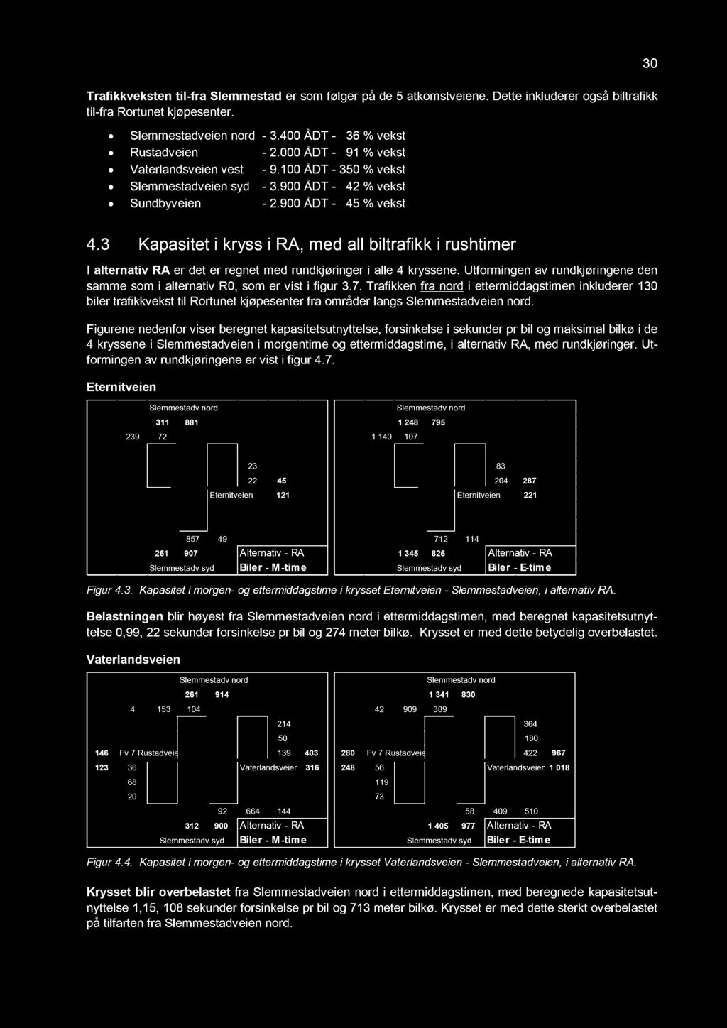 3 Kapasitet i kryss i RA, med all biltrafikk i rushtimer I alterna t iv R A er det er regnet med rundkjøringer i alle 4 kryssene.