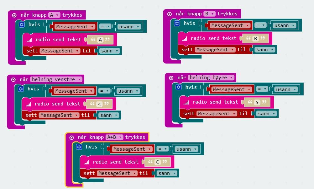 Så henter vi hvis-blokken fra Logikk og setter den sammen med erlik-blokken ( = ) fra samme kategori. Her skal du sjekke om MessageSent er lik usann.