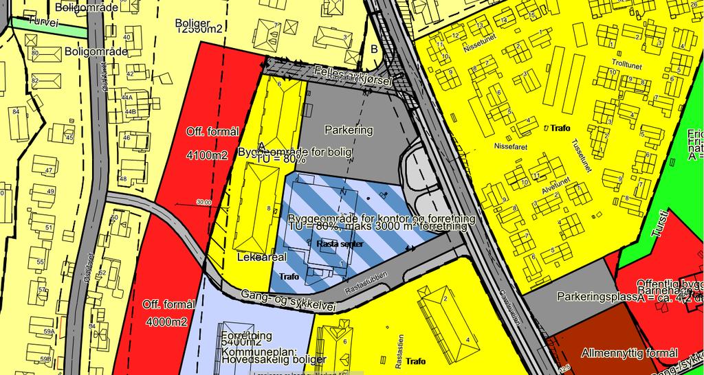 Rasta senter Trafikkanalyse Side 18 Gjeldende regulering I gjeldende regulering for Rasta senter er eiendommen disponert til byggeområde for kontor og maks 3000 m 2 forretning samt parkering.