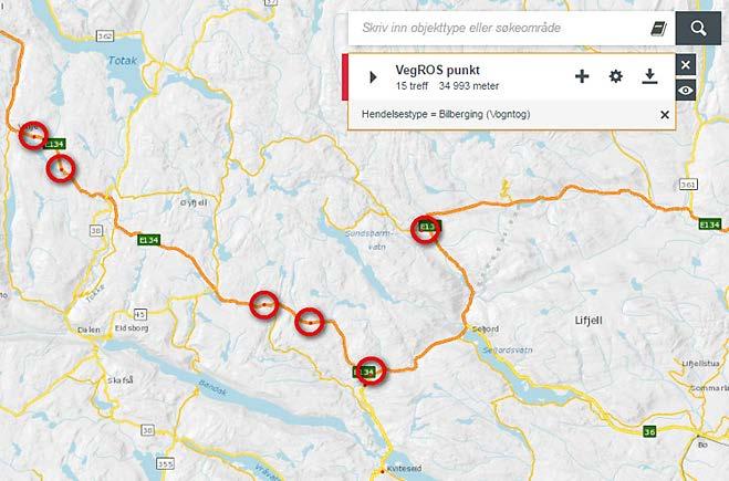 VegROS eksempler på bruk (2) Eksemplet viser punkter på E134 der det ofte er fastkjørte vogntog. Blir dette verre eller bedre med klimaendringene?