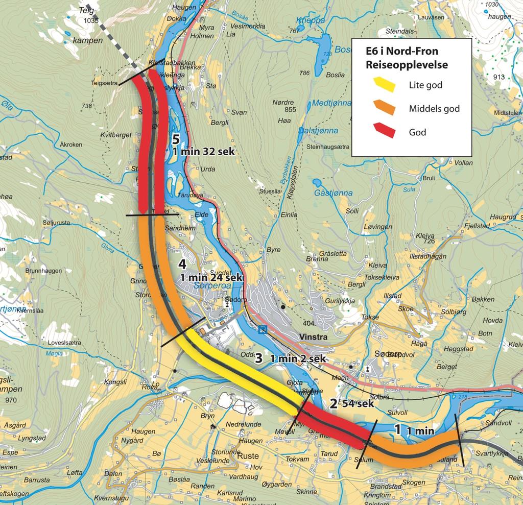 3.2 Dal-linja - Reiseopplevelse sør-nord/nord-sør, fra Sør Fron grense - til Teigkampen (temakart 2) Reiseopplevelse sør-nord Sekvens 1 Ny trasee følger daldragets retning og har et vekslende utsyn