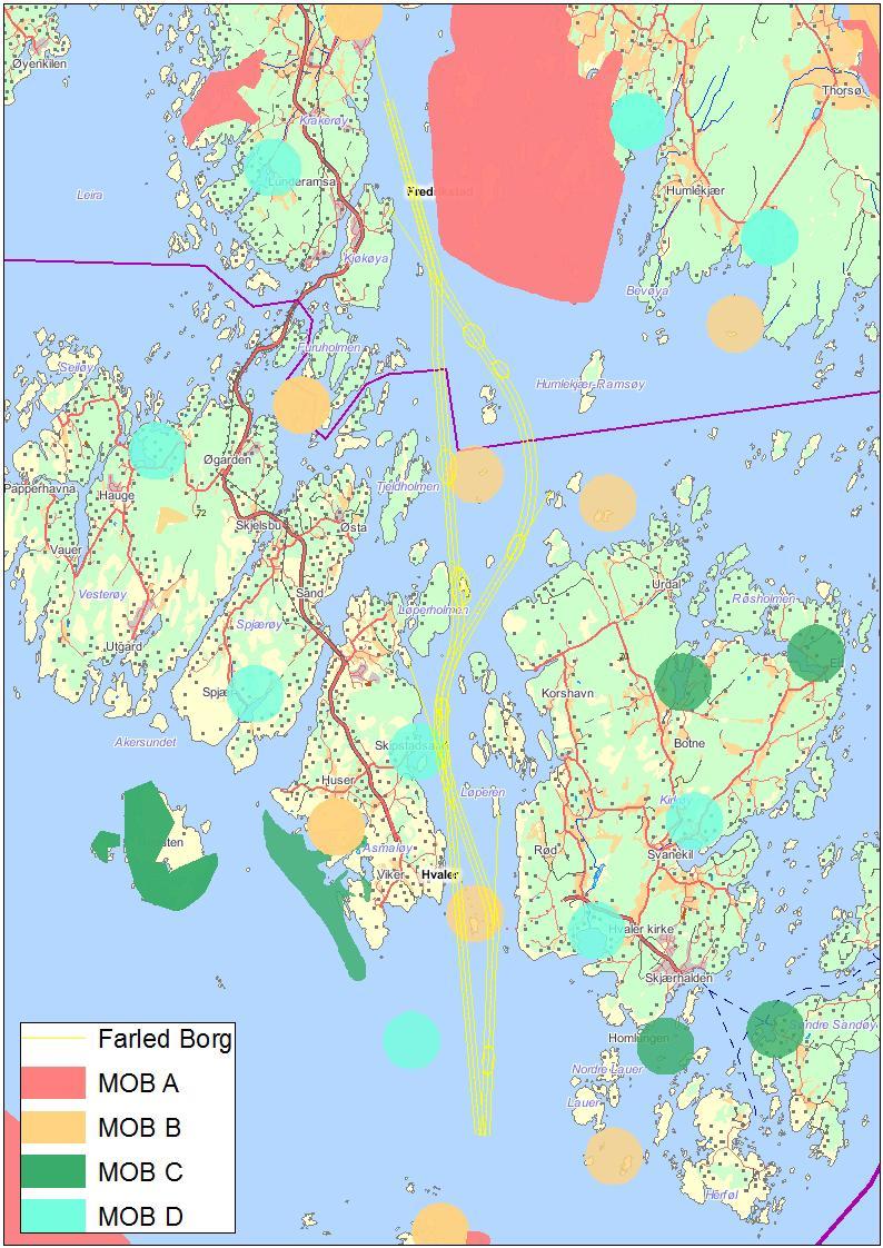 Kilde: DNV (2008): Oppdatering av risikoanalyse innseiling Fredrikstad. MOB kart for titaksområdene med inntegnet farled. Det er to naturreservater i umiddelbar nærhet til utdypingsområdet.