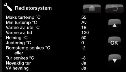 Radiatorsystem 1 ( eller 2 ) Maks turtemp Høyeste temperatur som tillates ut til radiatorene. Med gulvvarme er dette en elektronisk sperre for å beskytte gulvsløyfene.