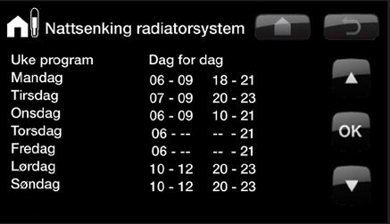 Temperaturer nattsenking I denne menyen aktiverer og stiller du inn nattsenking av temperaturen. Nattsenking innebærer at man senker temperaturen inne i planlagte perioder, f.eks.