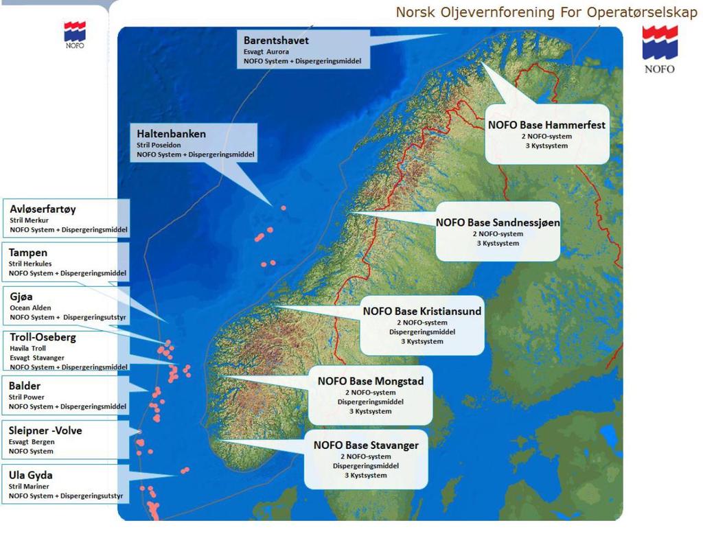 Figur 4-5 NOFOs utstyrsoversikt per juni 2014 Tabell 4-6 Avstander fra letebrønn 7319/12-1 til aktuelle oljevernressurser Oljevernressurser Esvagt Aurora Base Hammerfest Stril Poseidon Base