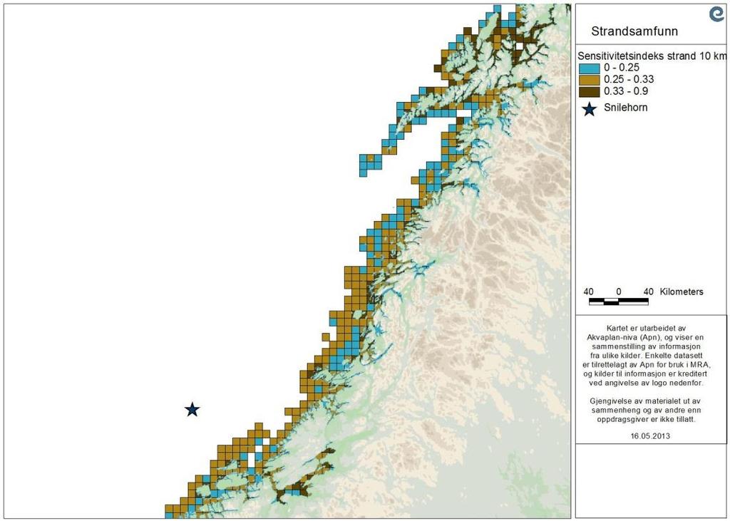 5.8 Sårbare kysthabitater 5.8.1 Sensitivitetsindeks I MRDB foreligger et datasett på 5x5 km rutenett som angir andelen av ulike kysttyper i ruten, samt en sårbarhetsindeks (Pi) (Brude et al.