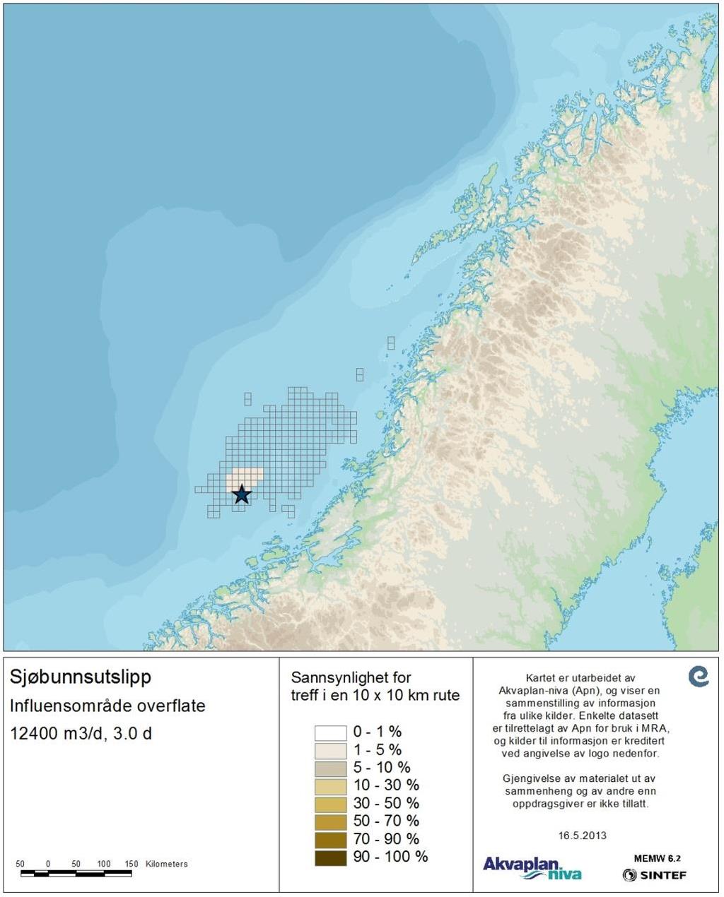 Figur 48 Sannsynlig THC-konsentrasjon (ppb) i en 10x10 km rute for overflateutslipp med rate nærmest over vektet rate og -varighet.