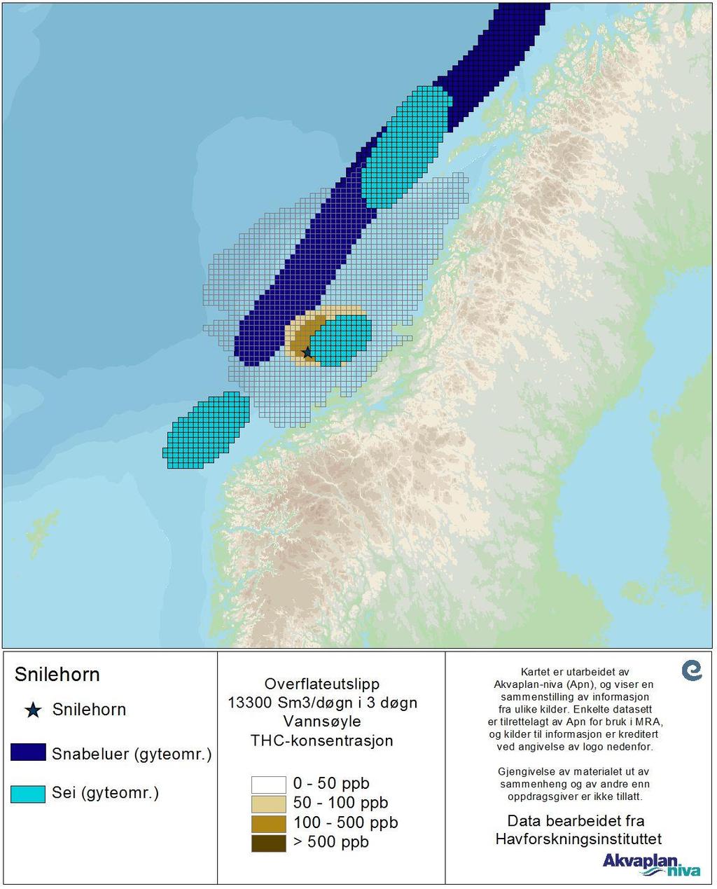Figur 57 Gyteområder for fiskeressurser samt THC- for sjøbunnsutslipp med rate nærmest over vektet