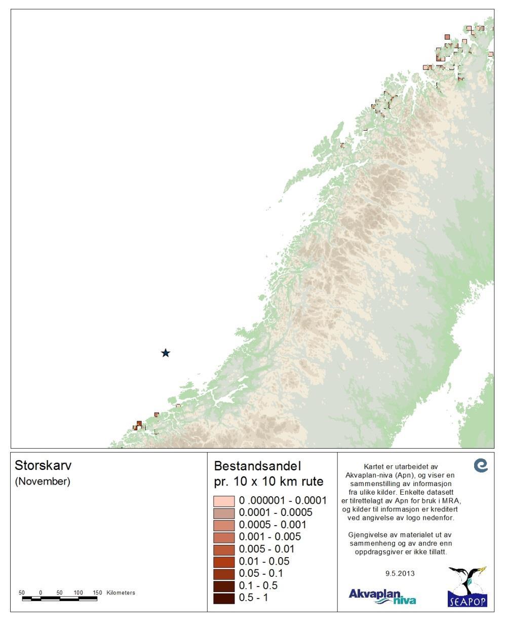 Figur 93. Fordeling av nasjonal bestand av storskarv kystnært i november (SEAPOP, 2013). Figur 94.