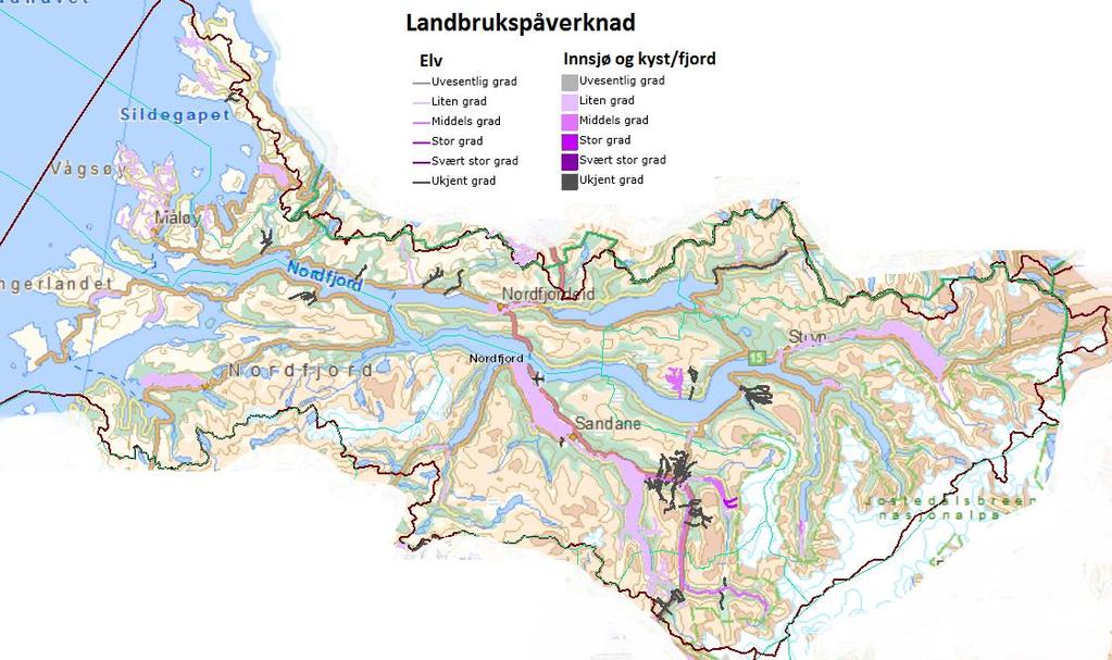 Figur 4. Vassførekomstar med landbrukspåverknad er mest vanleg indre del av vassområdet. Hildeelva og Breimsvassdraget merkar seg ut med mange forgreiningar. 7.