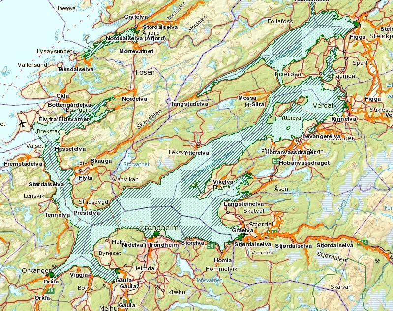 4.2.2.2 Trondheimsfjorden Figur 19 viser et kartutsnitt over Trondheimsfjorden med de sju nasjonale laksevassdragene Orkla, Gaula, Nidelva, Stjørdalselva, Verdalselva, Figga og Steinkjervassdraget.