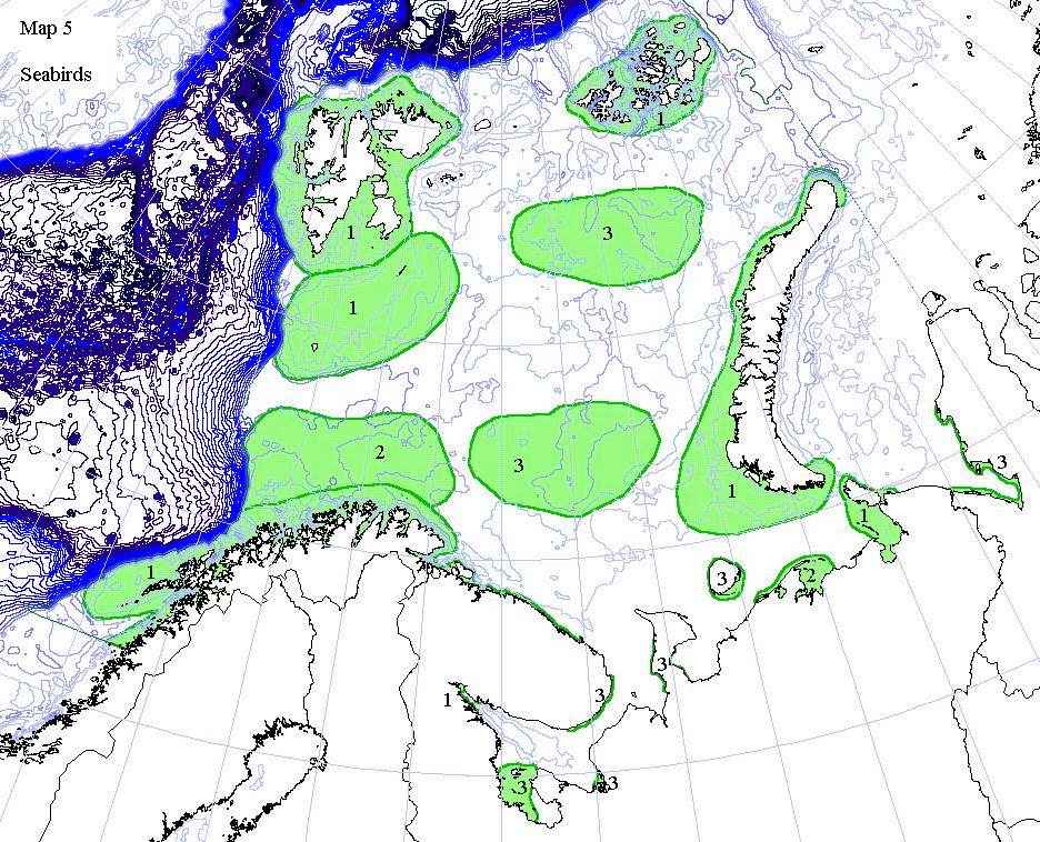 Figur 2. Prioriterte områder i Barentsregionen med hensyn på sjøfugl, utarbeidet under WWF s workshop St. Petersburg i 2001. 1 er høyeste prioritet, 3 er laveste.