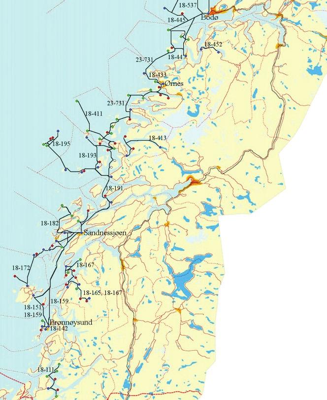 Figur 3-2: Hurtigbåtruter i søndre del av Nordland i 2007. Kilde: Jørgensen m.fl. (2008a). Datasettet vi har fått fra Nordland fylkeskommune inneholder noen manglende variable.