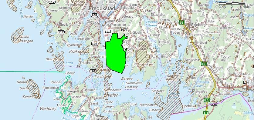 Figur 20: Området skravert i grønn farge kalles for Øra og er yngleområde for fugler (arter angitt i tabell 1).