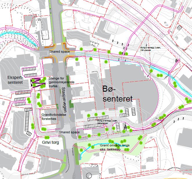 viser også forslag til gangbru over rv 36 og styrking av traséen nord for Bøsenteret og vidare austover for mjuke trafikantar. Veg forbi Expertsenteret er foreslått stengt for gjennomkøyring.