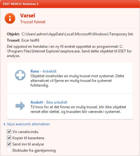 Rensing og sletting Hvis det ikke er en forhåndsdefinert handling som skal utføres av Sanntidsbeskyttelse av filsystemet, blir du alltid bedt om å velge et alternativ i et varselsvindu.