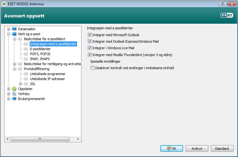 Selv om integrasjon ikke er aktivert, blir e-postkommunikasjonen fremdeles beskyttet av beskyttelsesmodulen til epostklienten (POP3,