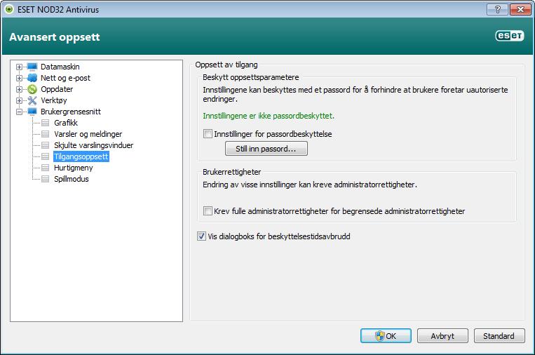 4.5.4 Oppsett av tilgang For å kunne gi systemet maksimal sikkerhet er det helt avgjørende at ESET NOD32 Antivirus er riktig konfigurert. Feilaktige endringer kan føre til tap av viktige data.