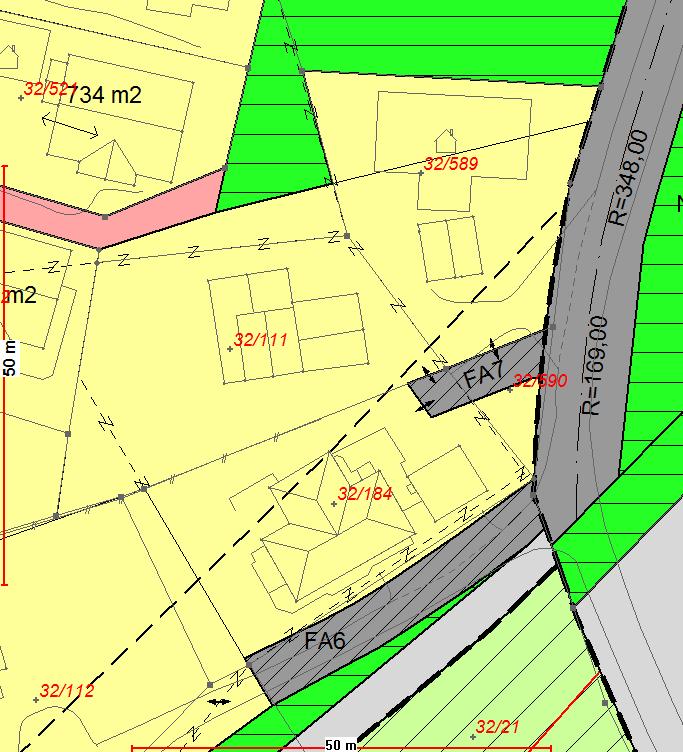 Sak 3/17 Figur 1: Viser de berørte eiendommene gnr/bnr 32/111, 32/184, 32/590 og 32/589, samt fellesavkjørsel FA7.