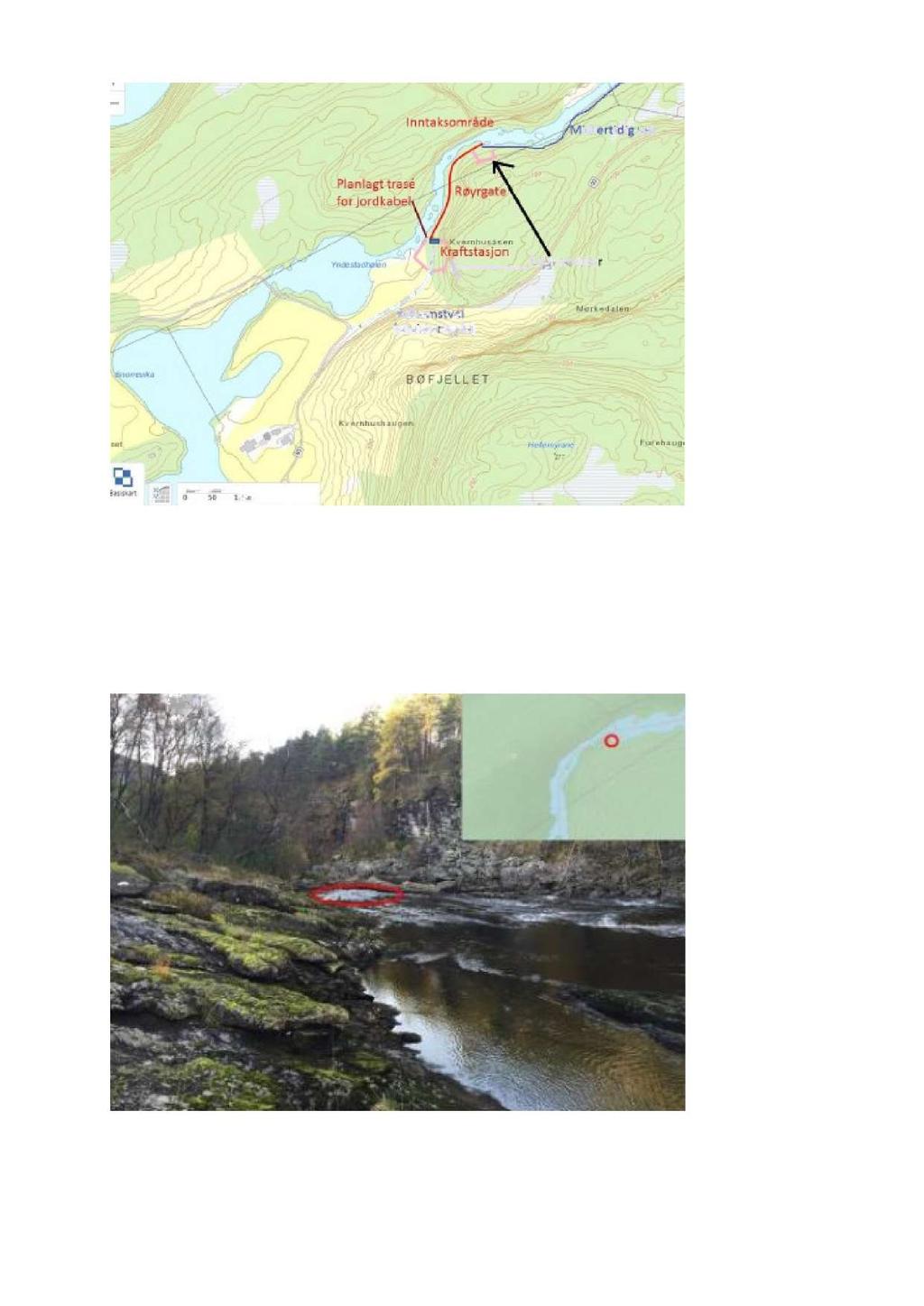 Side 2 av 6 Yndestadhølen kraftverk Inntaket er planlagt frå ein kulp i elva på kote 66. Det skal støypast ein terskel over elva med bredde 25 meter og høgde ca. ein meter.