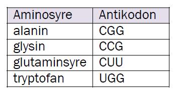 Genetikk 150 (oppgave 15 høst 2015) En celle produserer en aminosyrekjede med følgende rekkefølge av aminosyrene: alanin glysin glutaminsyre tryptofan