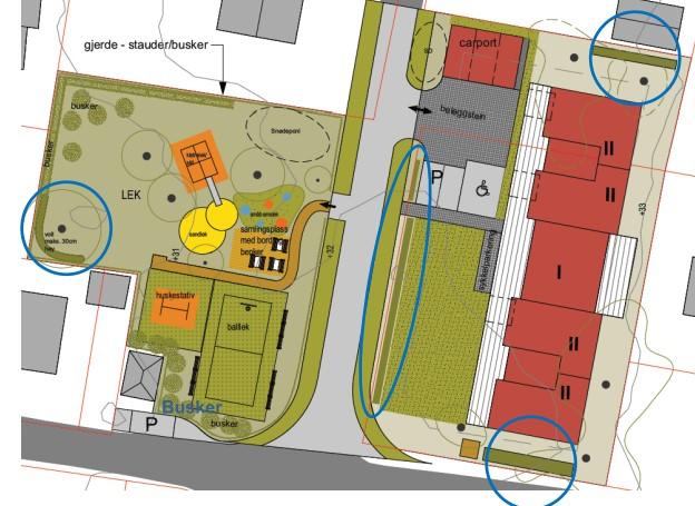 Figur 5: Foreslåtte overflatebaserte overvannsløsninger markert med blått. 07 Konklusjon Det planlegges etablert åtte omsorgsboliger på en tomt 17/1/65 som i gjeldende plan er avsatt som barnepark.