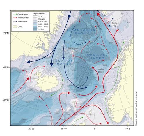 3.3 Miljøovervåking av tareskogen ROV Kartet på bilde 19 viser havstrømmener som berører norskekysten. Golfstrømmen fører med seg havvann.