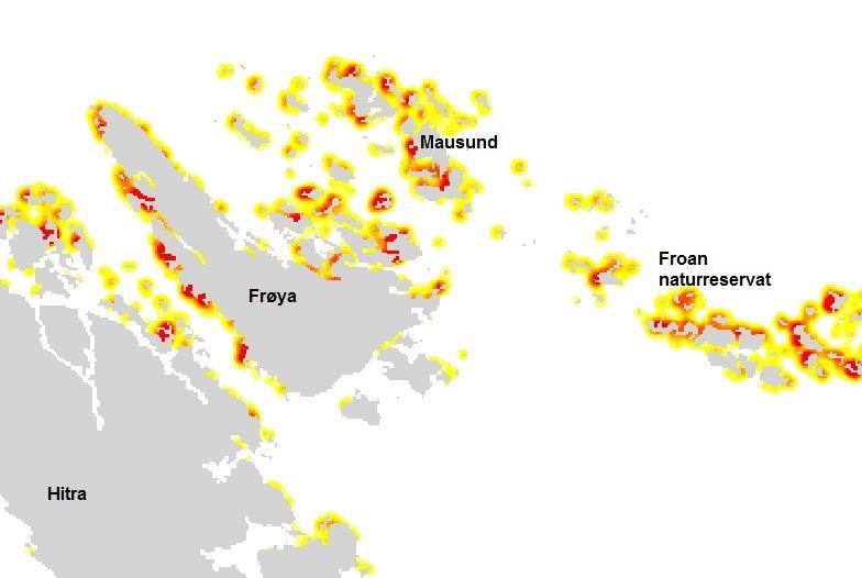 Havforskningsinstituttet har gjennomført simuleringer for å visualisere landinger for søppel i havet og bilde 20 viser resultatene fra simuleringene i Hitra og Frøya kommune i Midt-Norge.